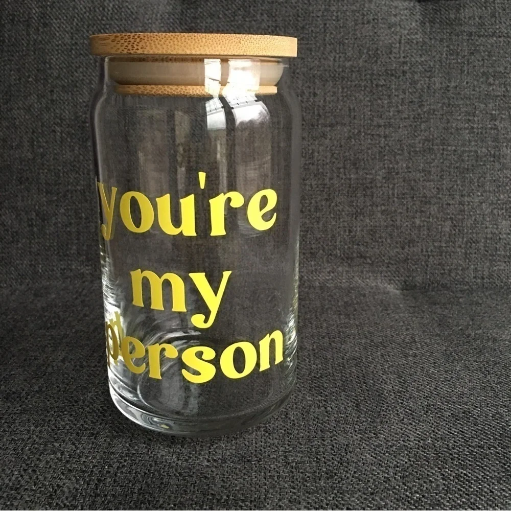LAST CHANCE! “you’re my person” Glass Cup with Wooden Seal Top, Clear, Yellow